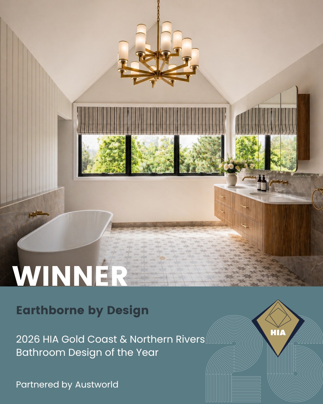 Award-winning bathroom with a freestanding tub and gold chandelier, Bathroom Design of the Year